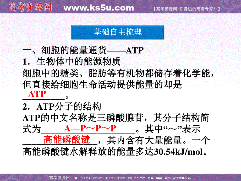 2012优化方案高考生物总复习人教版（广东专用）（课件）：必修1第5章第2、3节细胞的能量“通货”—ATP.ppt_第3页