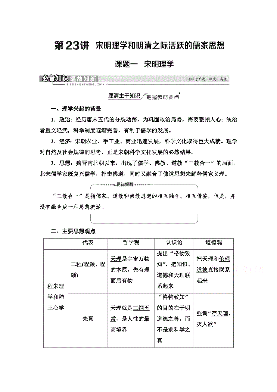 2022版新高考人教版历史（山东专用）一轮复习学案：模块3 第11单元 第23讲　课题1　宋明理学 WORD版含解析.doc_第1页