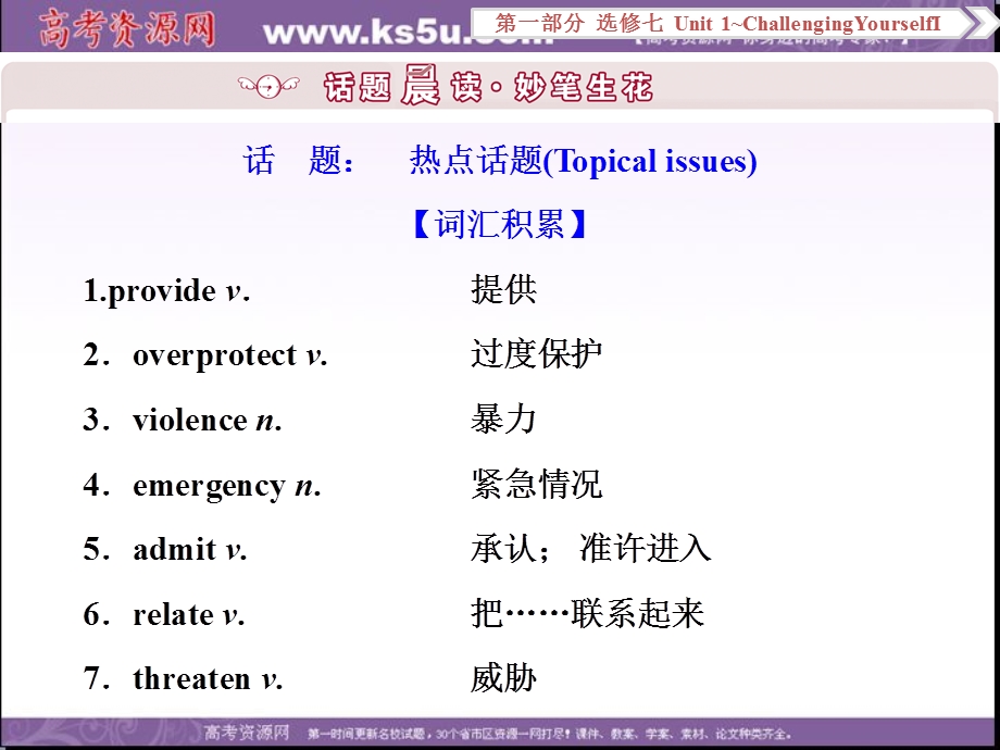 2017优化方案高考总复习&英语（重大版）课件：第一部分 基础考点聚焦 选修7UNIT1-CHALLENGINGYOURSELFⅠ .ppt_第2页