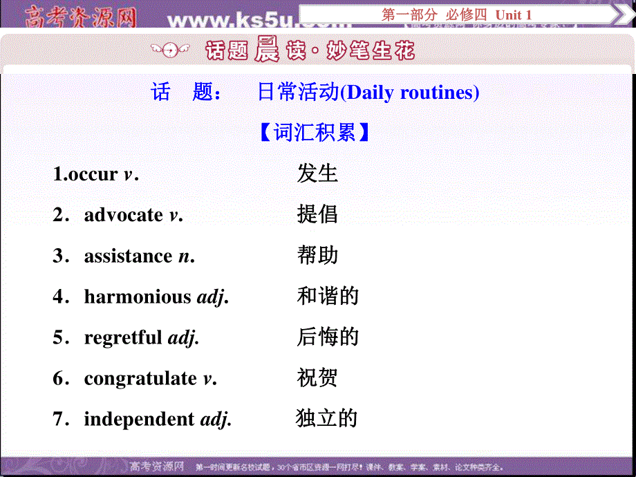 2017优化方案高考总复习&英语（重大版）课件：第一部分 基础考点聚焦 必修4UNIT1 .ppt_第2页