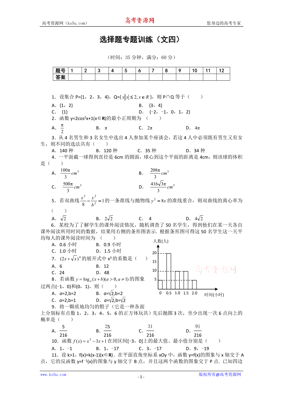 (新人教A) 高三数学第二轮复习选择题专题训练（文4）.doc_第1页