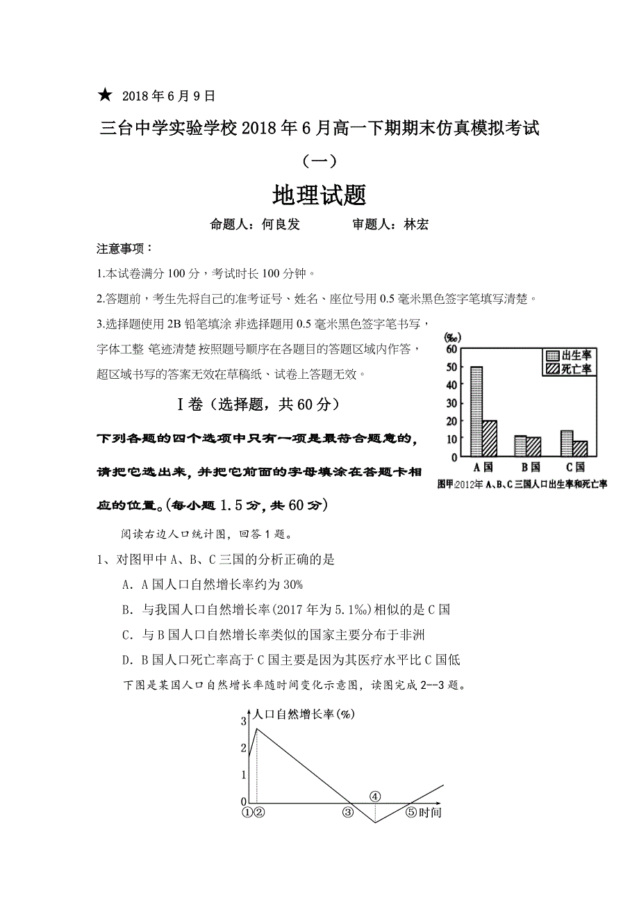 四川省三台中学实验学校2017-2018学年高一下学期期末仿真模拟（一）地理试题 WORD版含答案.doc_第1页