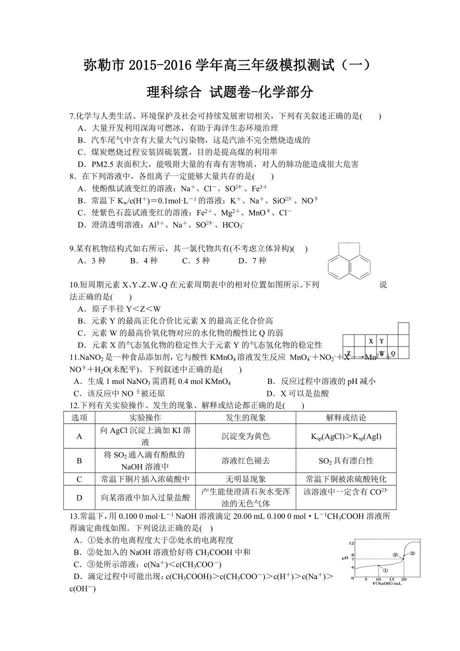 云南省弥勒市2016届高三上学期模拟测试（一）理综-化学试题 WORD版无答案.doc_第1页