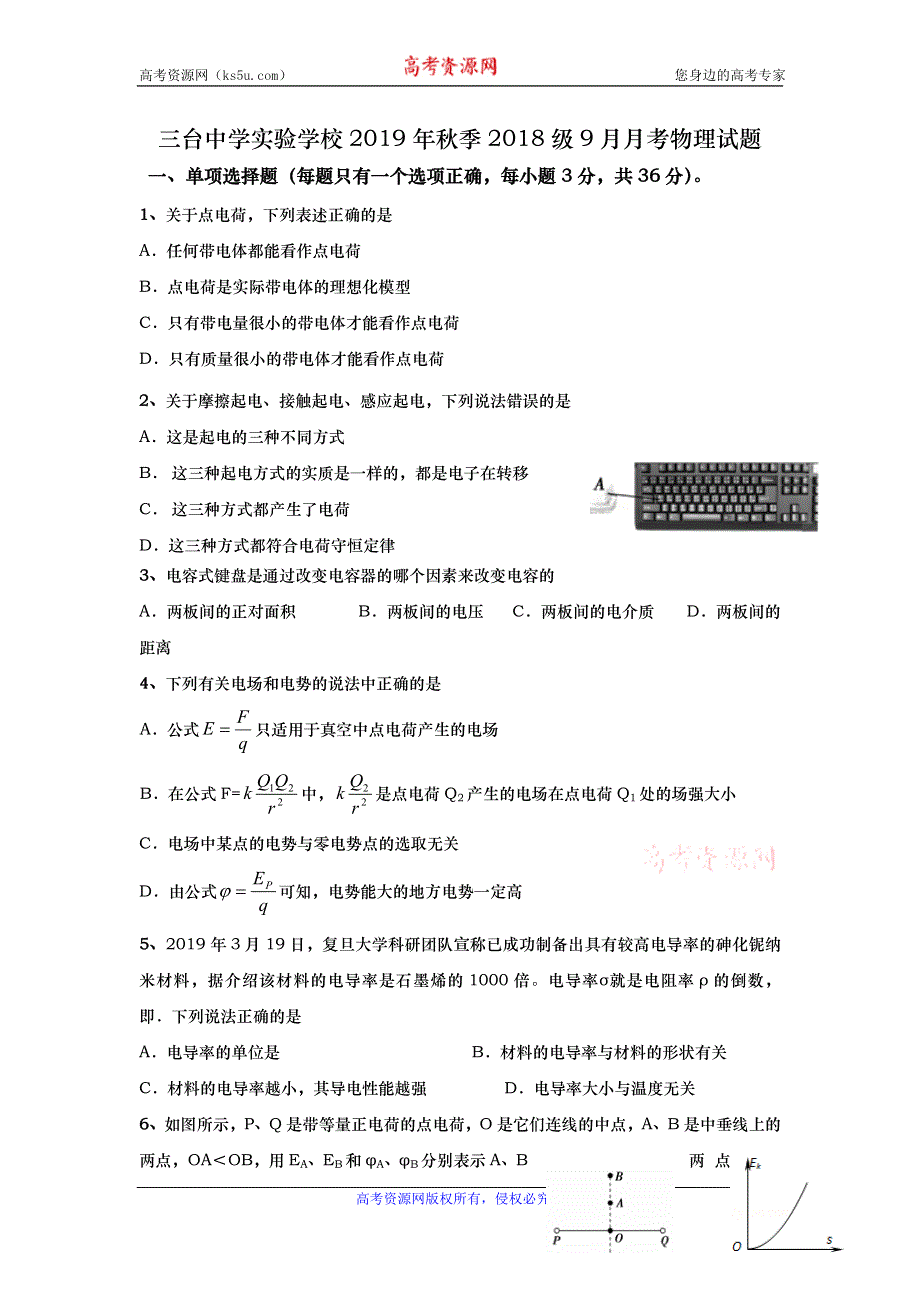 四川省三台中学实验学校2019-2020学年高二上学期9月月考物理试题 WORD版含答案.doc_第1页