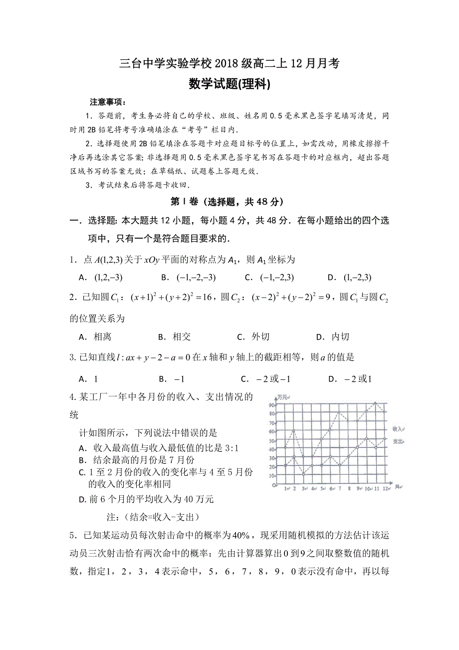 四川省三台中学实验学校2019-2020学年高二12月月考数学（理）试题 WORD版含答案.doc_第1页