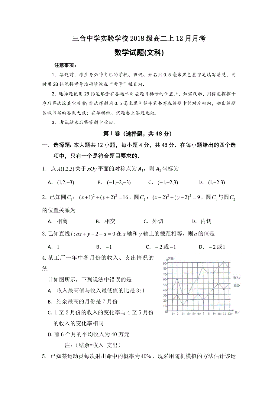 四川省三台中学实验学校2019-2020学年高二12月月考数学（文）试题 WORD版含答案.doc_第1页