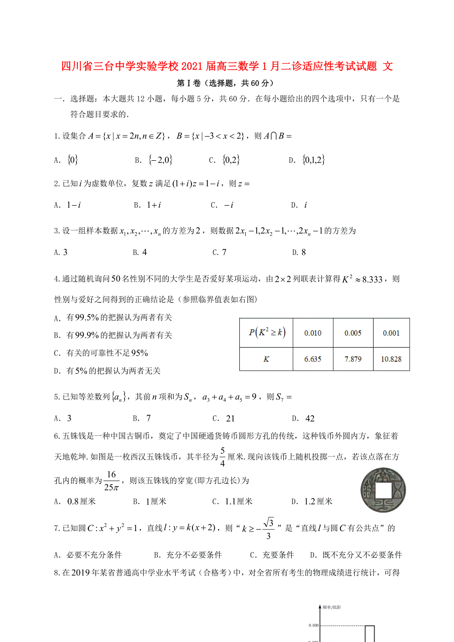 四川省三台中学实验学校2021届高三数学1月二诊适应性考试试题 文.doc_第1页