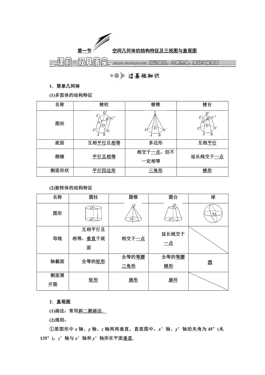 2019版高考数学（文）一轮复习教师用书：第七章 第一节 空间几何体的结构特征及三视图与直观图 WORD版含答案.docx_第1页