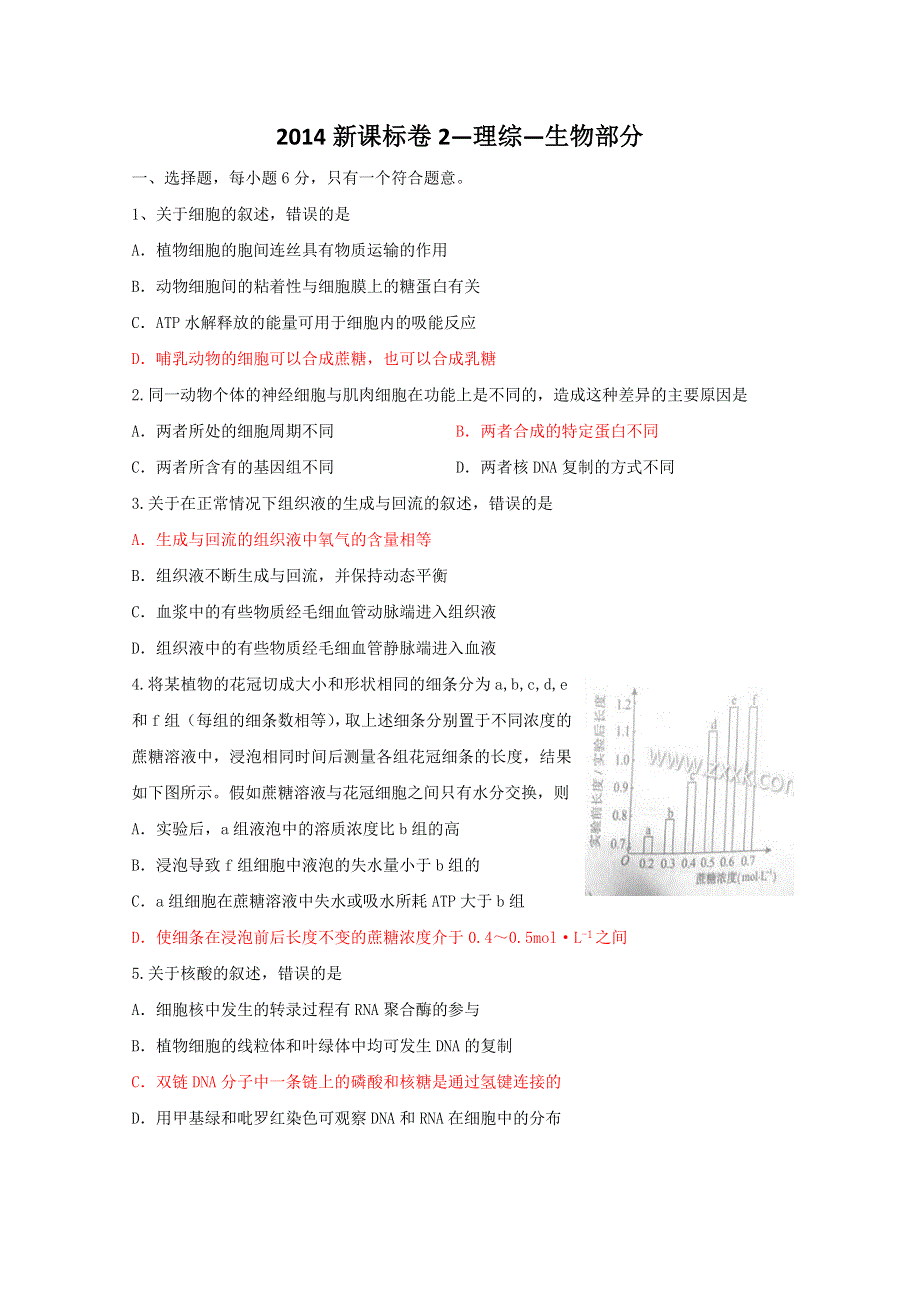 《》2014新课标卷2—理综—生物部分 (有答案无解析).doc_第1页