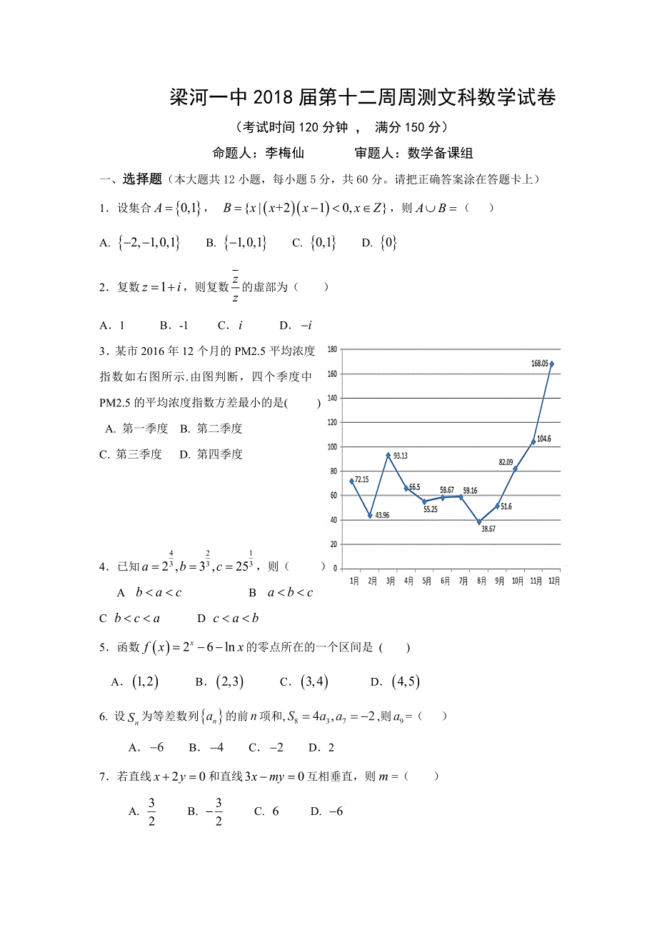 云南省德宏州梁河县第一中学2018届高三上学期第12周周测数学（文）试题 WORD版含答案.doc_第1页