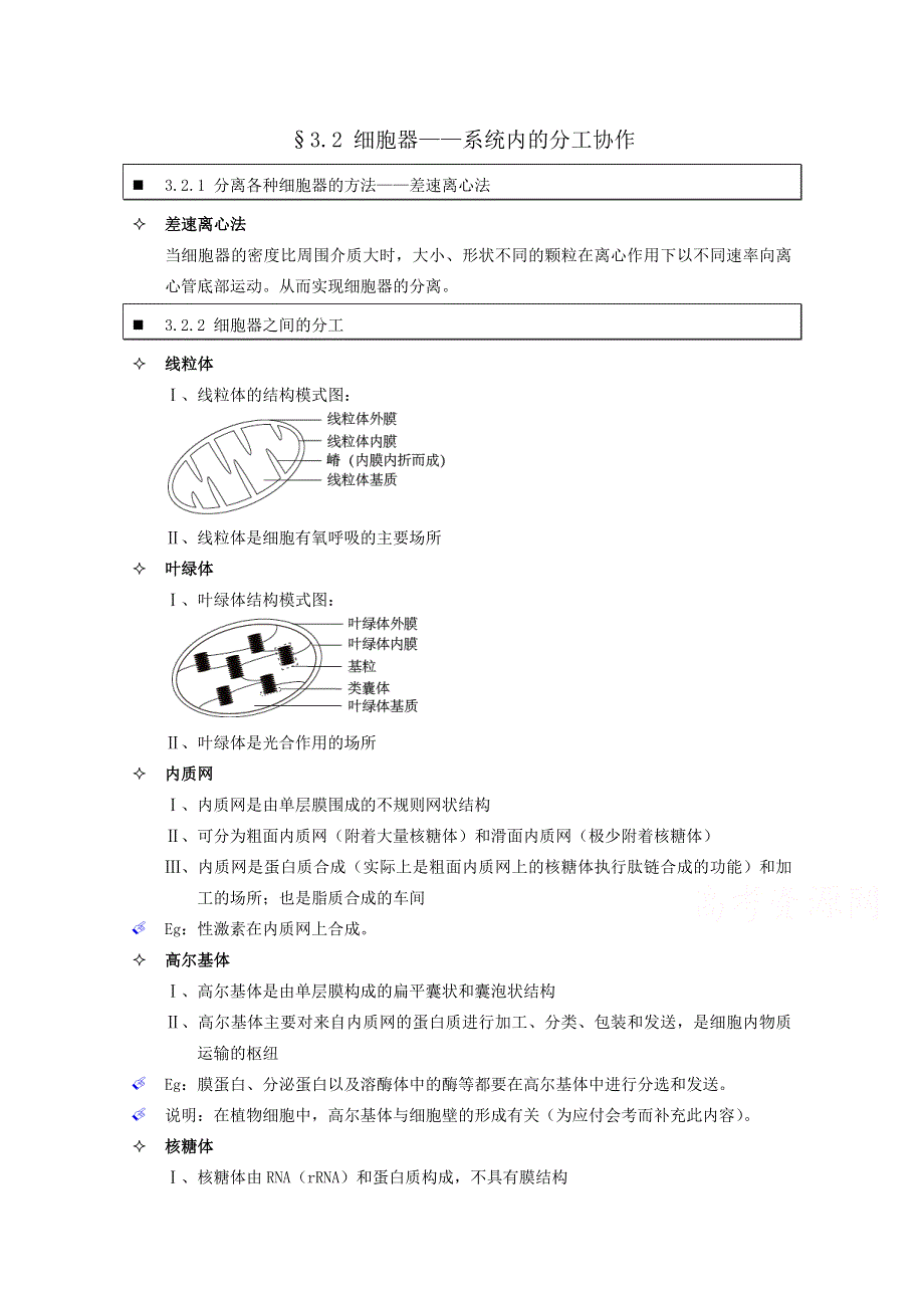 《个人珍藏版》高中人教版生物学生笔记：必修1 3.2 细胞器——系统内的分工协作.doc_第1页