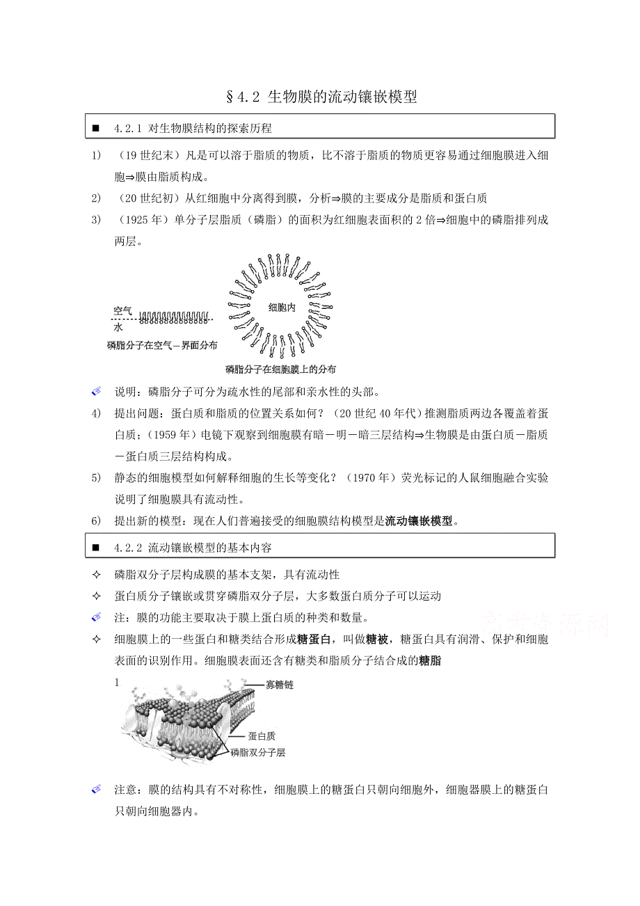 《个人珍藏版》高中人教版生物学生笔记：必修1 4.2 生物膜的流动镶嵌模型.doc_第1页