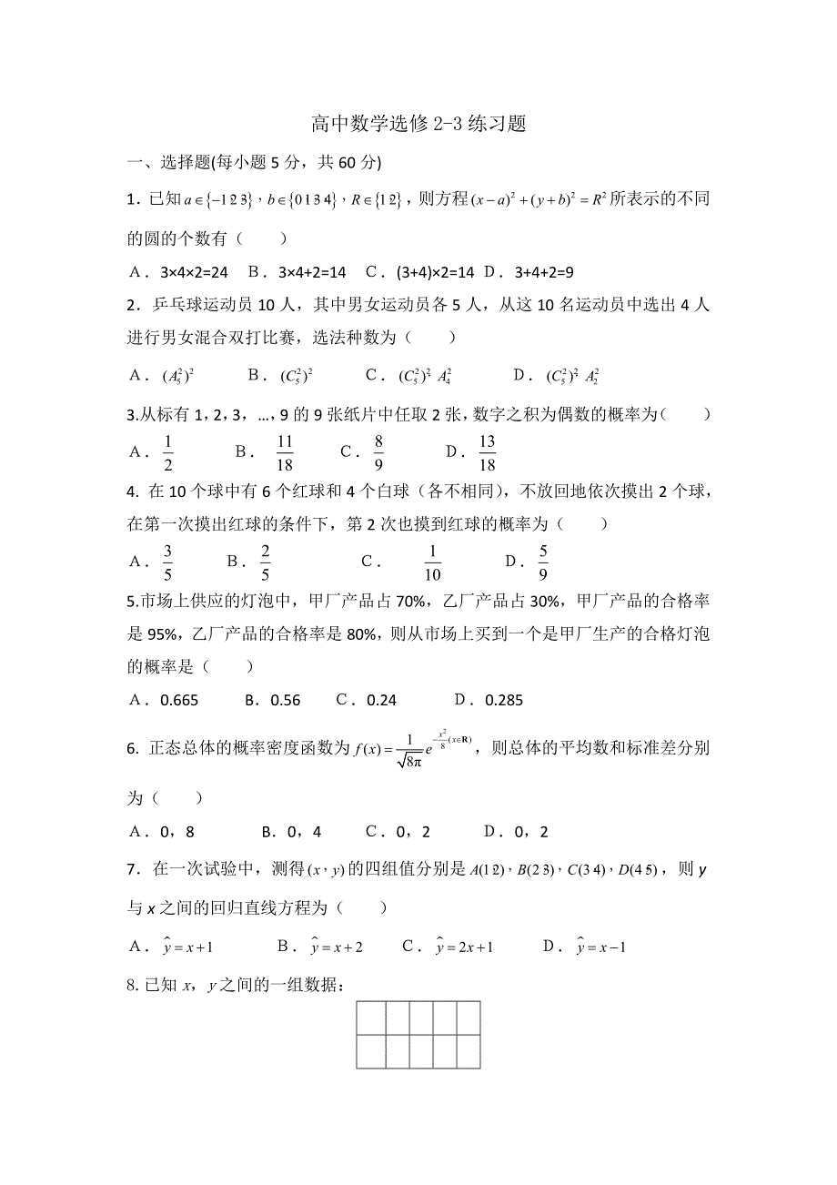 云南省德宏州梁河县第一中学人教版选修2-3数学同步测试 WORD版缺答案.doc_第1页