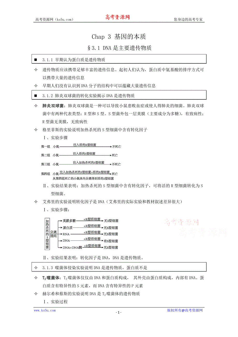 《个人珍藏版》高中人教版生物学生笔记：必修2 3.1 DNA是主要遗传物质.doc_第1页