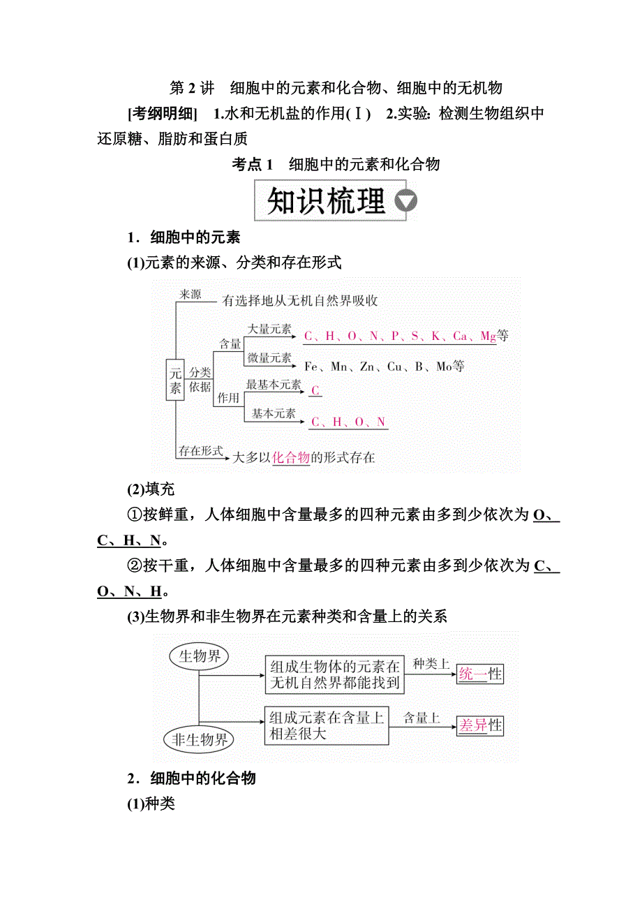 2019版高考生物高分计划一轮讲义：第2讲　细胞中的元素和化合物、细胞中的无机物 WORD版含解析.docx_第1页