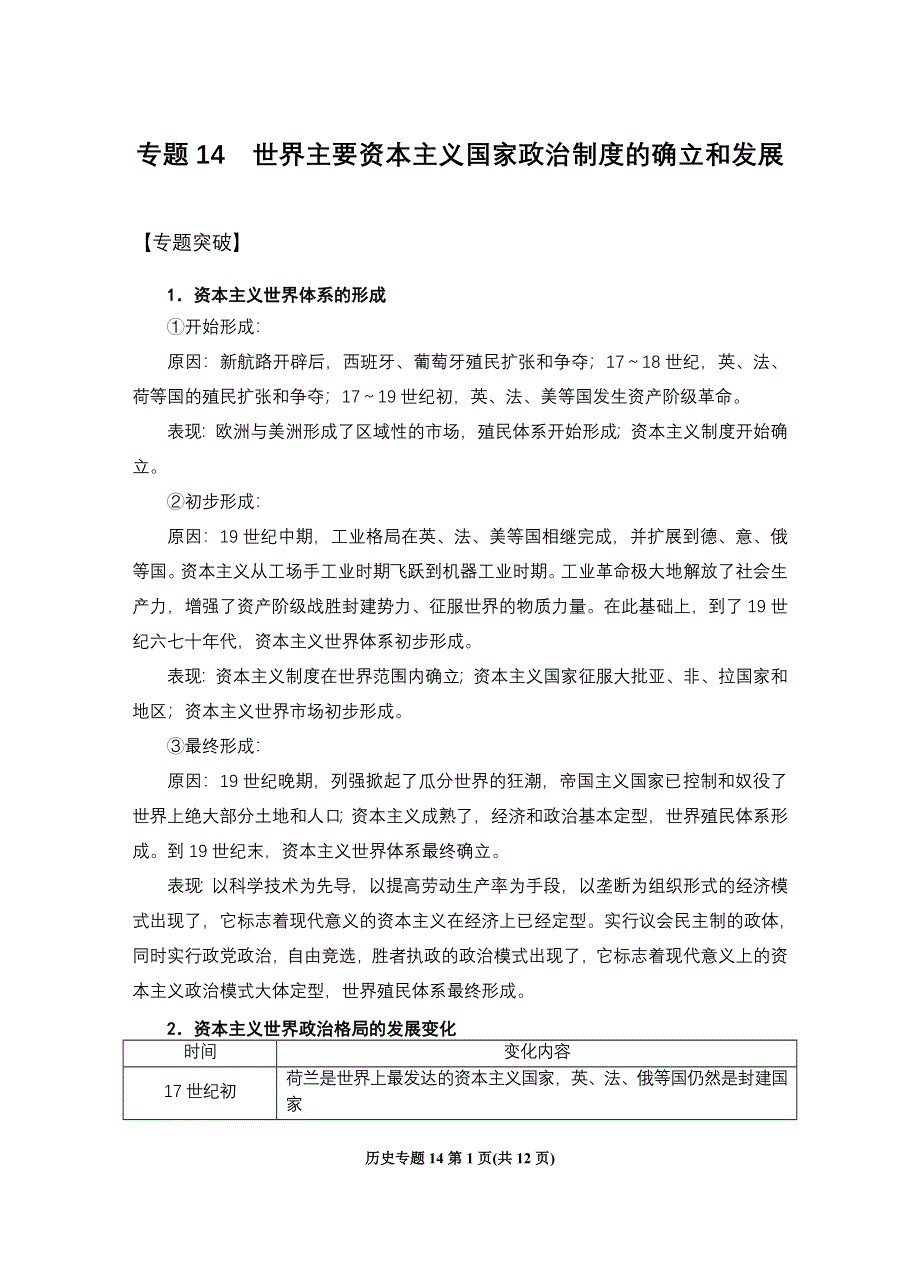 2008高考二轮复习资料-专题14《世界主要资本主义国家政治制度的确立和发展》.doc_第1页