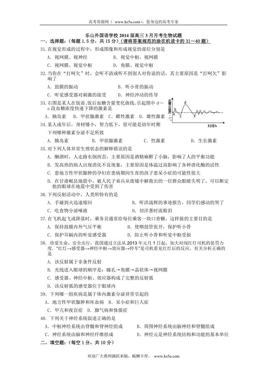 四川省乐山外国语学校2014届高三3月月考生物试题 WORD版无答案.doc_第1页