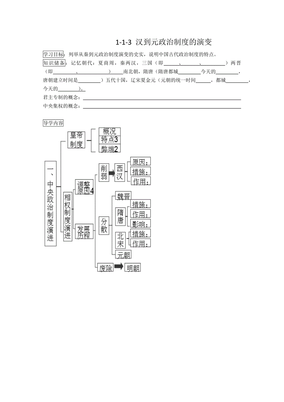 四川省乐山外国语学校人教版高一历史必修一：3汉到元政治制度的演变 导学案 .doc_第1页