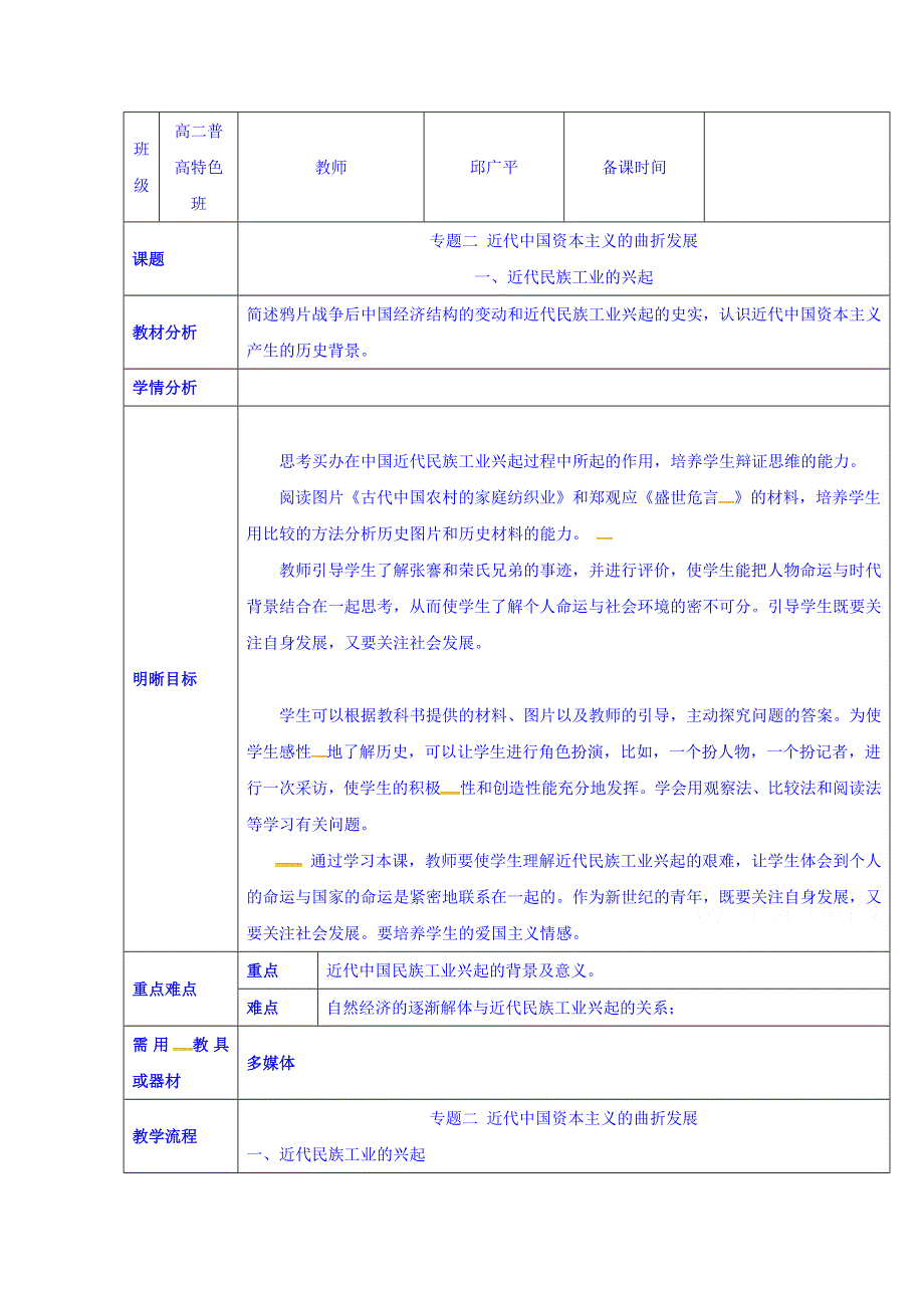 云南省师范大学五华区实验中学人民版高一历史必修二教案 专题二1近代民族工业的兴起.doc_第1页