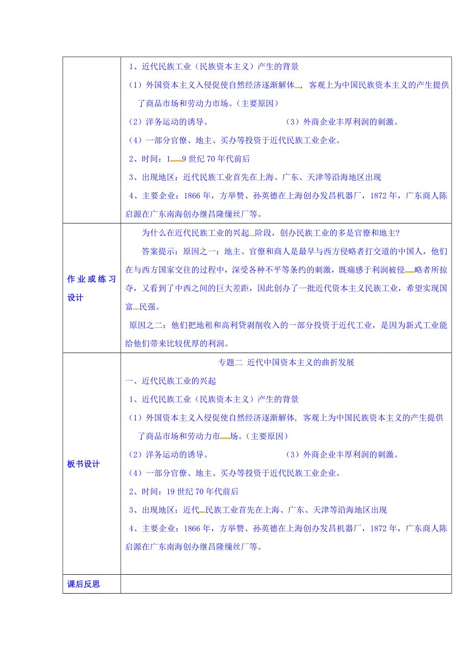 云南省师范大学五华区实验中学人民版高一历史必修二教案 专题二1近代民族工业的兴起.doc_第2页