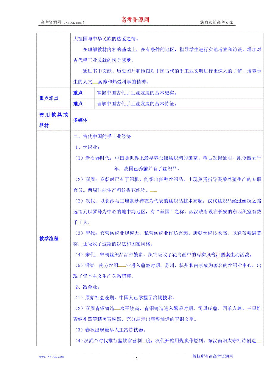 云南省师范大学五华区实验中学人民版高一历史必修二教案 专题一2古代中国的手工业经济.doc_第2页