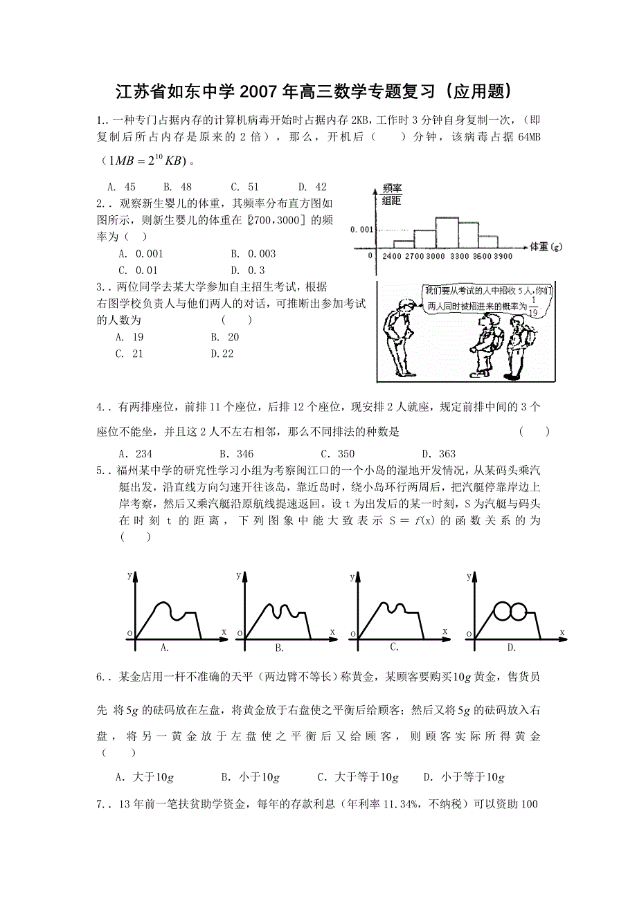 2007江苏省如东中高三数学专题复习--应用题.doc_第1页