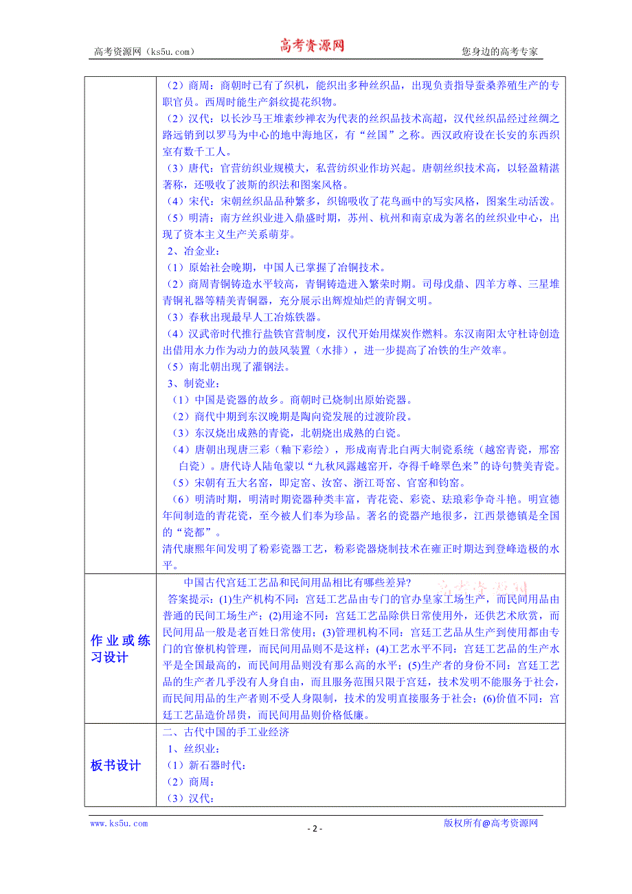 云南省师范大学五华区实验中学高考历史复习教案：必修二 专题一 二、古代中国的手工业经济.doc_第2页