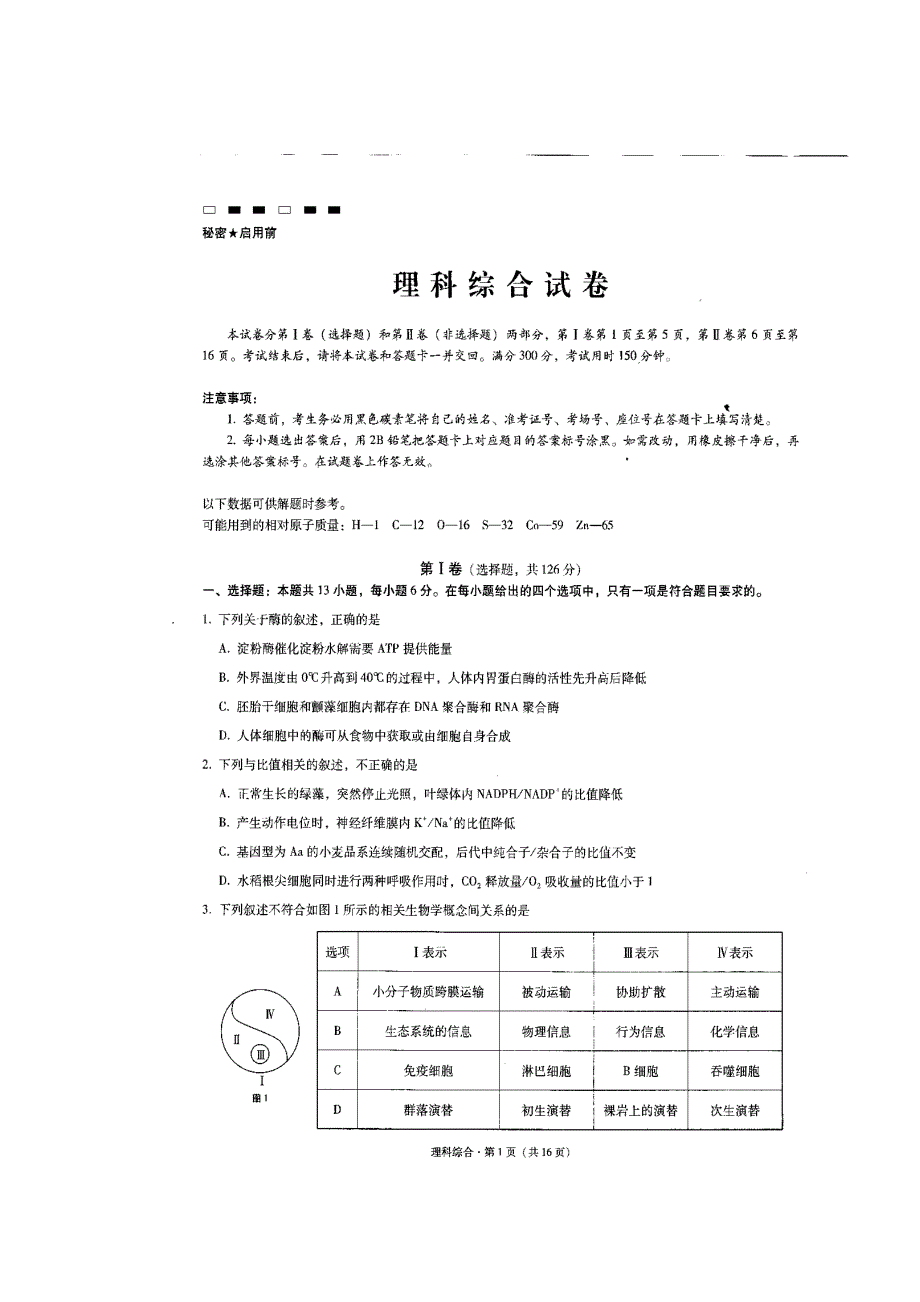 云南省师范大学附属中学2017届高三高考适应性月考（六）理科综合试题 扫描版含答案.doc_第1页