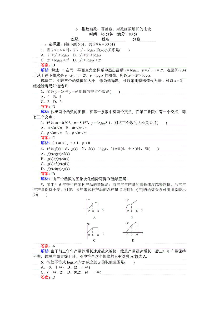 《创优课堂》2016秋数学北师大版必修1练习：3.6 指数函数、幂函数、对数函数增长的比较 WORD版含解析.doc_第1页