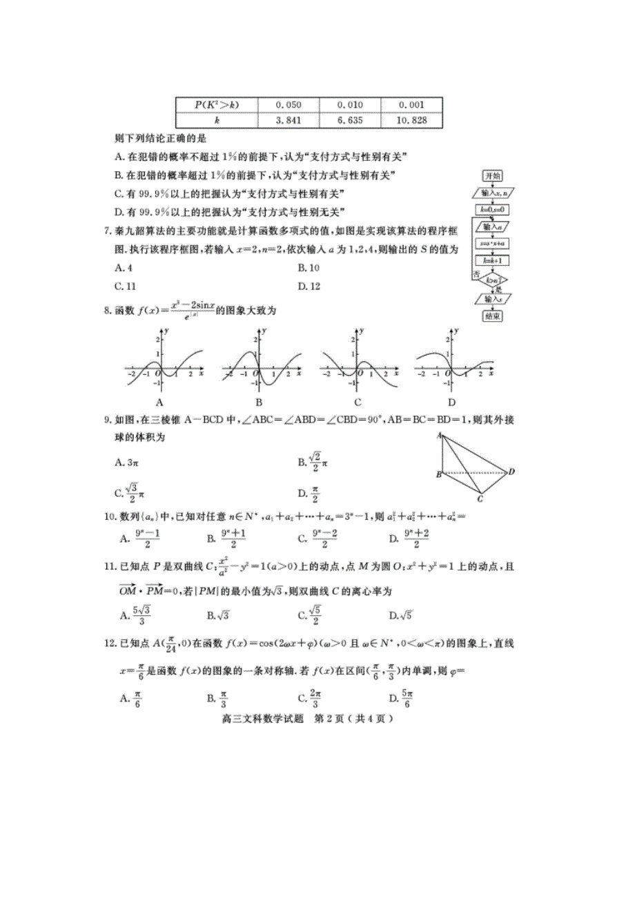 四川省乐山市高中2020届高三第三次调查研究考试数学（文）试题 扫描版含答案.doc_第2页