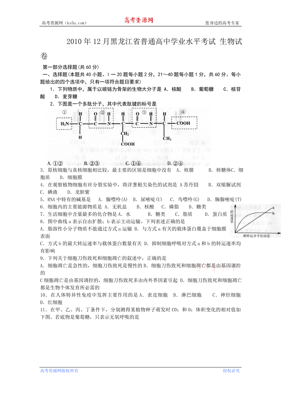 2010年12月黑龙江省普通高中学业水平考试（生物）.doc_第1页