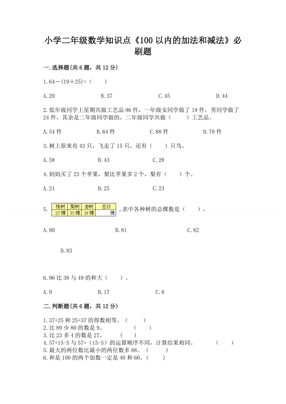 小学二年级数学知识点《100以内的加法和减法》必刷题精品【精选题】.docx_第1页