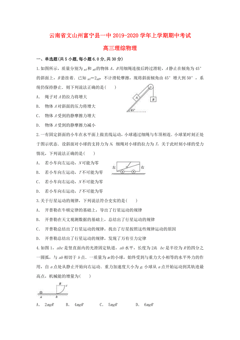 云南省文山州富宁县一中2020届高三物理上学期期中试题.doc_第1页