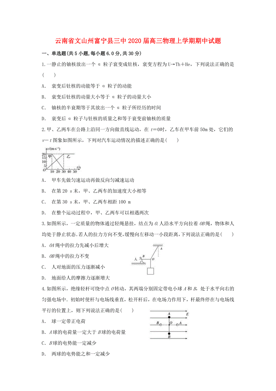 云南省文山州富宁县三中2020届高三物理上学期期中试题.doc_第1页