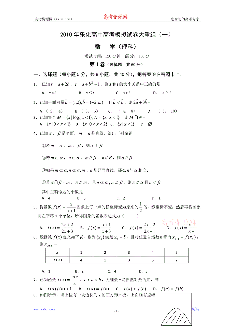 2010年乐化高中高考模拟试卷大重组数学理（一）.doc_第1页