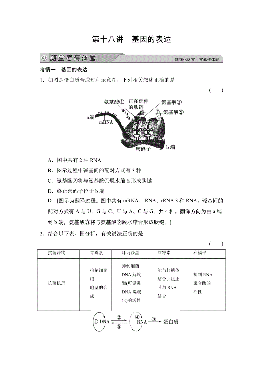 《创新大课堂》2015高考生物（人教版）一轮随堂考情体验：2-6-18 基因的表达.doc_第1页