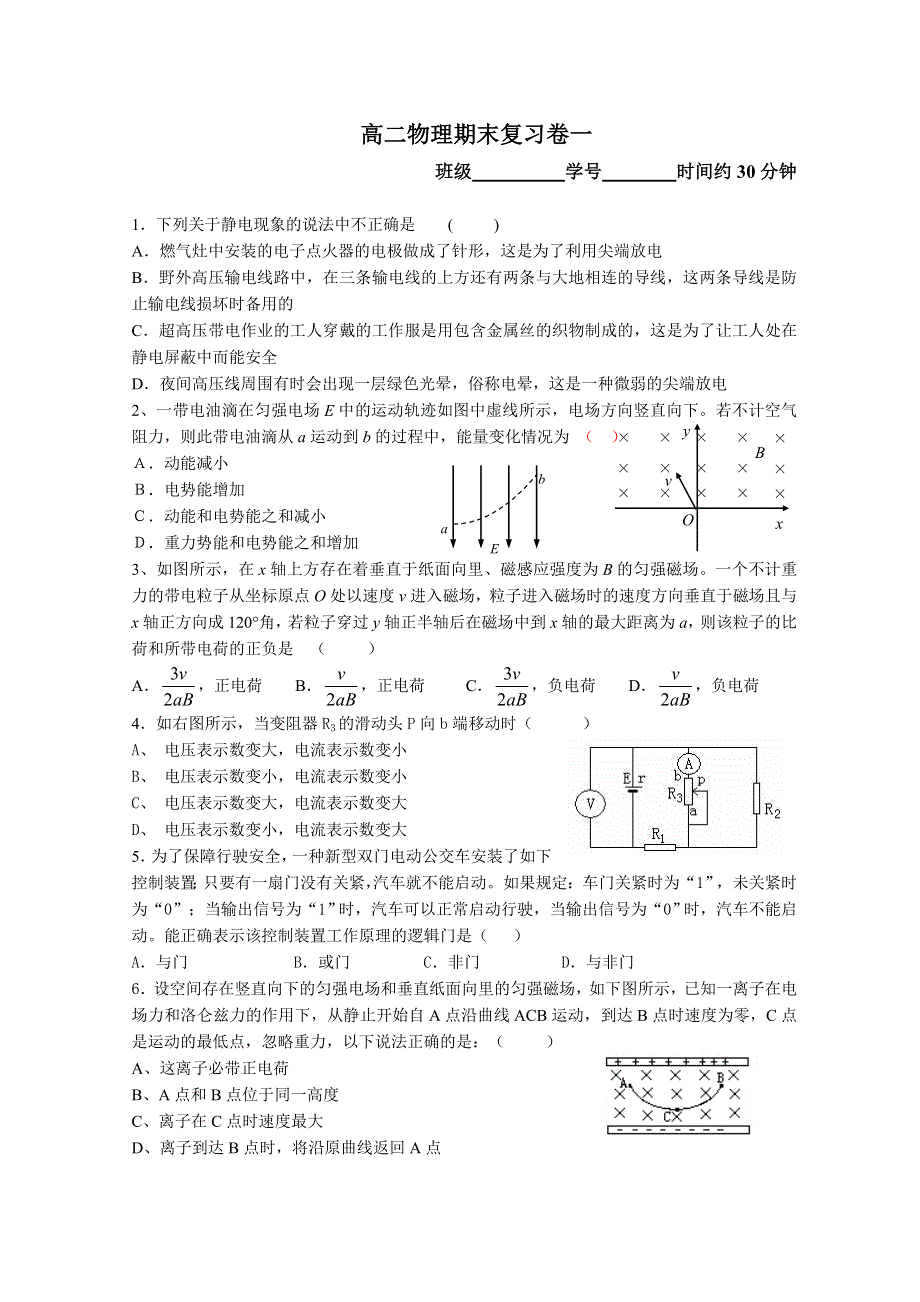 2010年浙江省余杭高级中学高二物理期末复习卷缺答案.doc_第1页