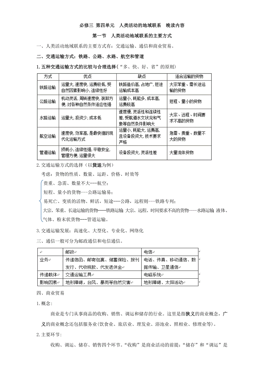 云南省德宏州梁河县第一中学高中地理必修二第四单元 人类活动地域联系的主要方式 晚读知识点 WORD版含答案.doc_第1页