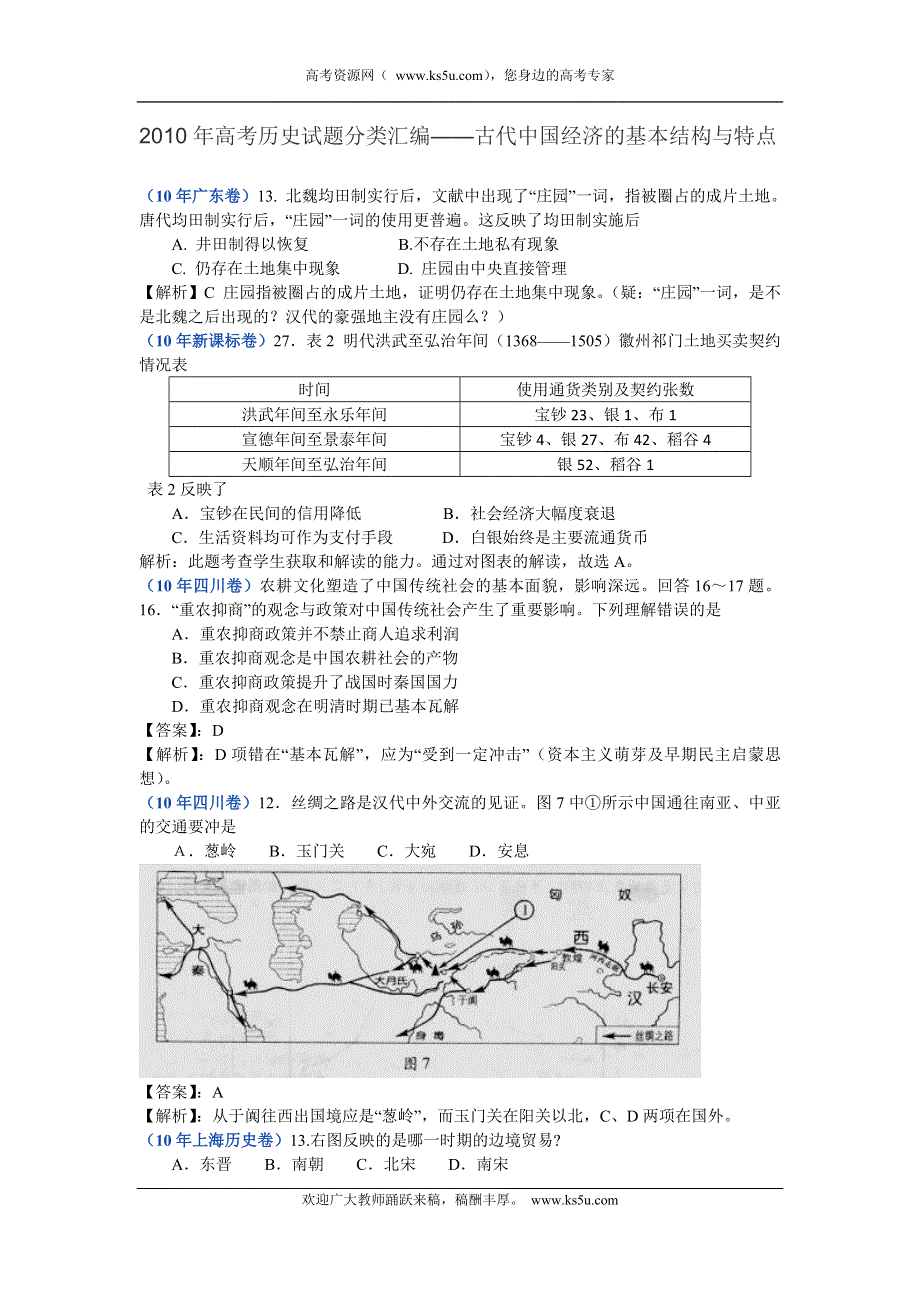 2010年高考历史试题分类汇编——古代中国经济的基本结构与特点.doc_第1页