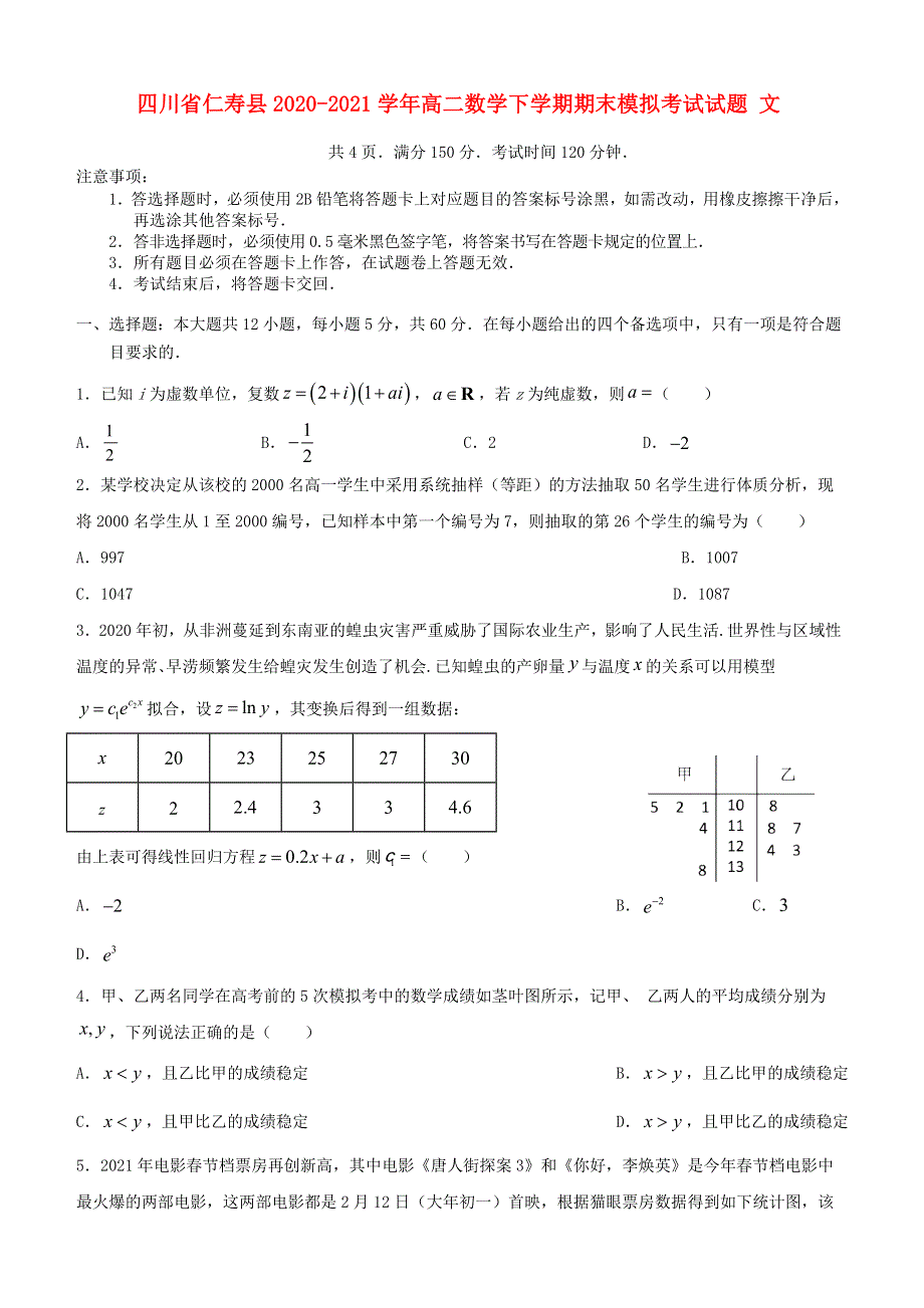 四川省仁寿县2020-2021学年高二数学下学期期末模拟考试试题 文.doc_第1页