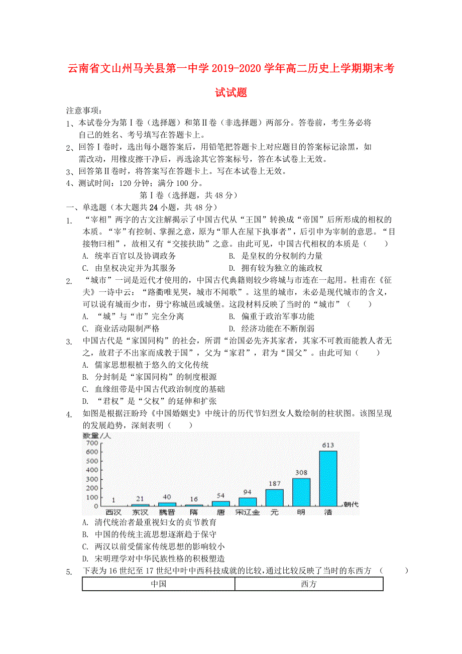 云南省文山州马关县第一中学2019-2020学年高二历史上学期期末考试试题.doc_第1页