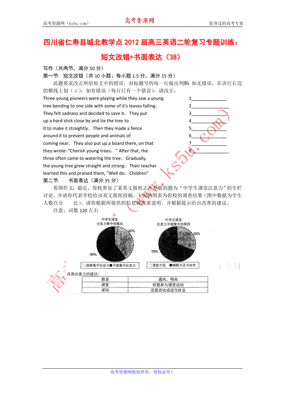 四川省仁寿县城北教学点2012届高三英语二轮复习专题训练：短文改错+书面表达（38）.doc_第1页