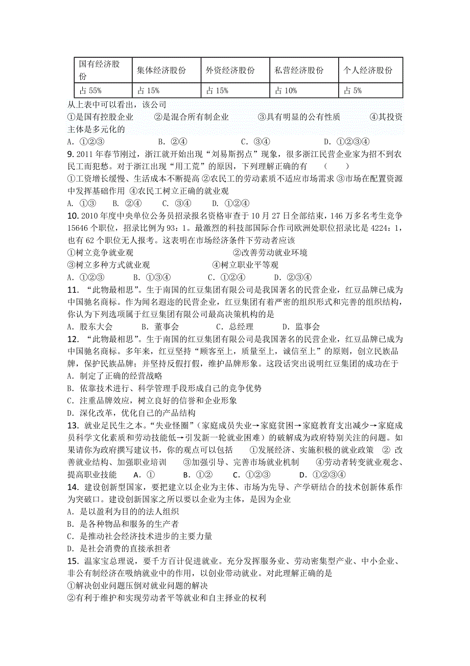 云南省新人教版政治2012届高三单元测试4：生产、劳动与经营（2）.doc_第2页