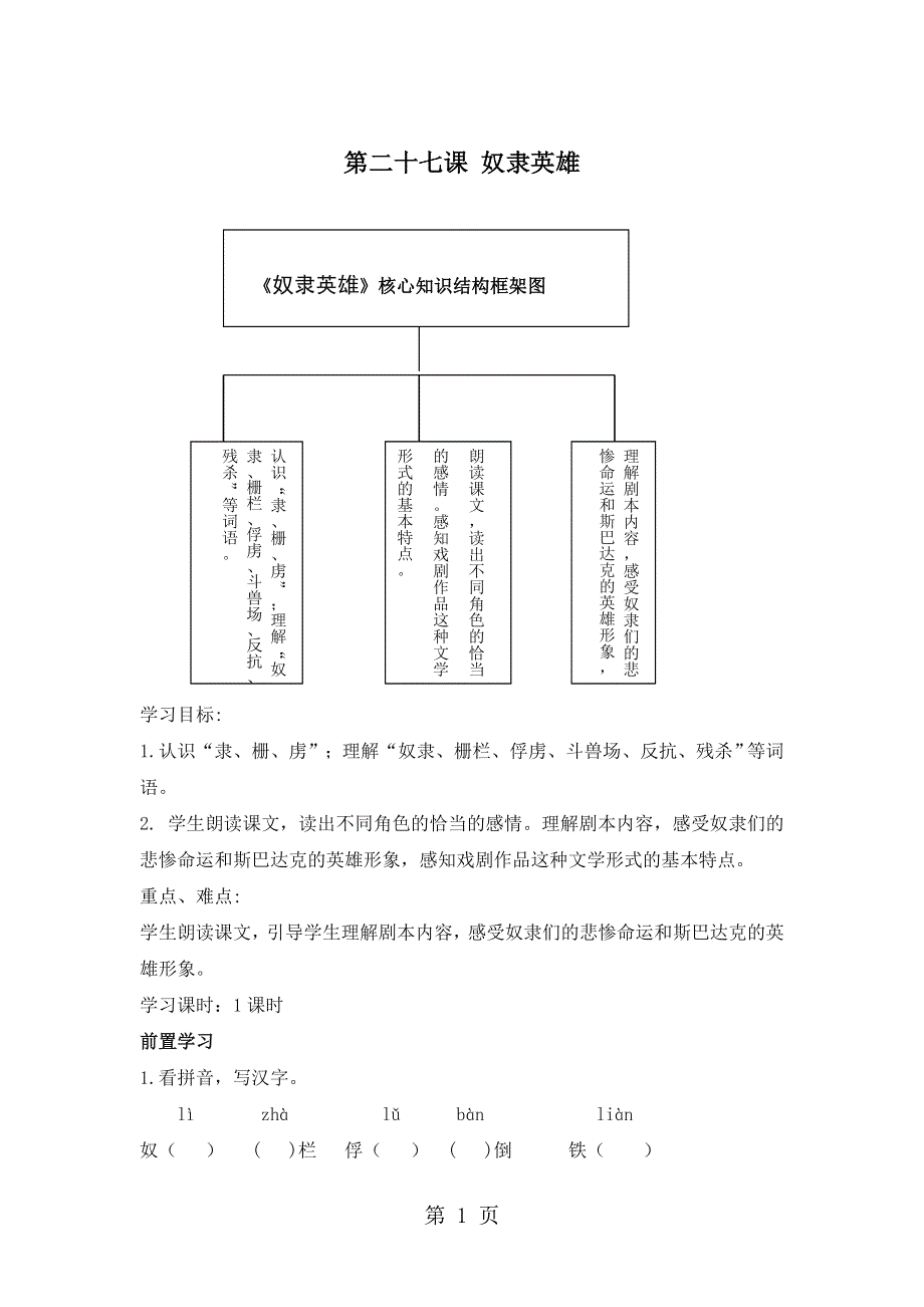 人教新课标版语文六年级上册：第27课 奴隶英雄 导学案.doc_第1页