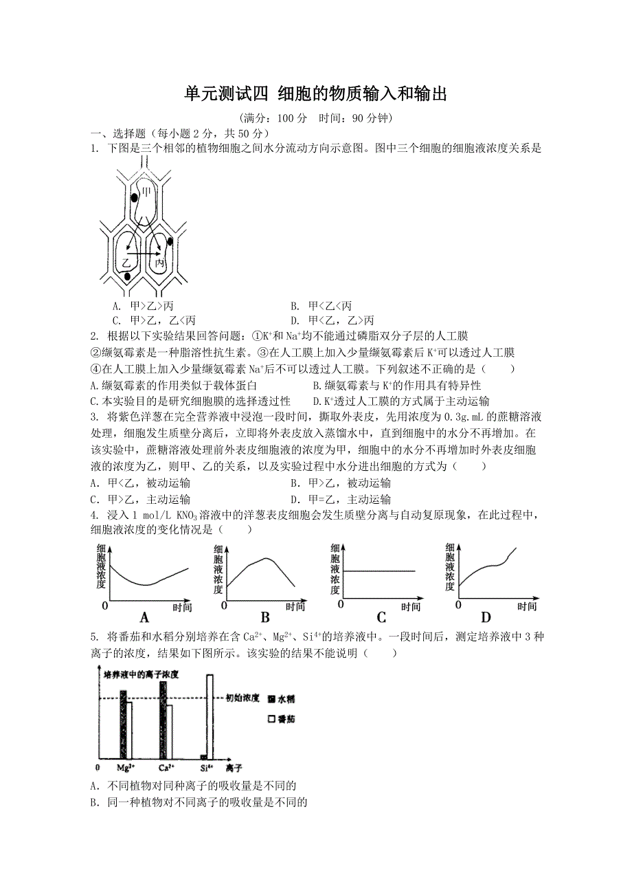 云南省新人教版生物2012届高三单元测试：4《细胞的物质输入和输出》.doc_第1页