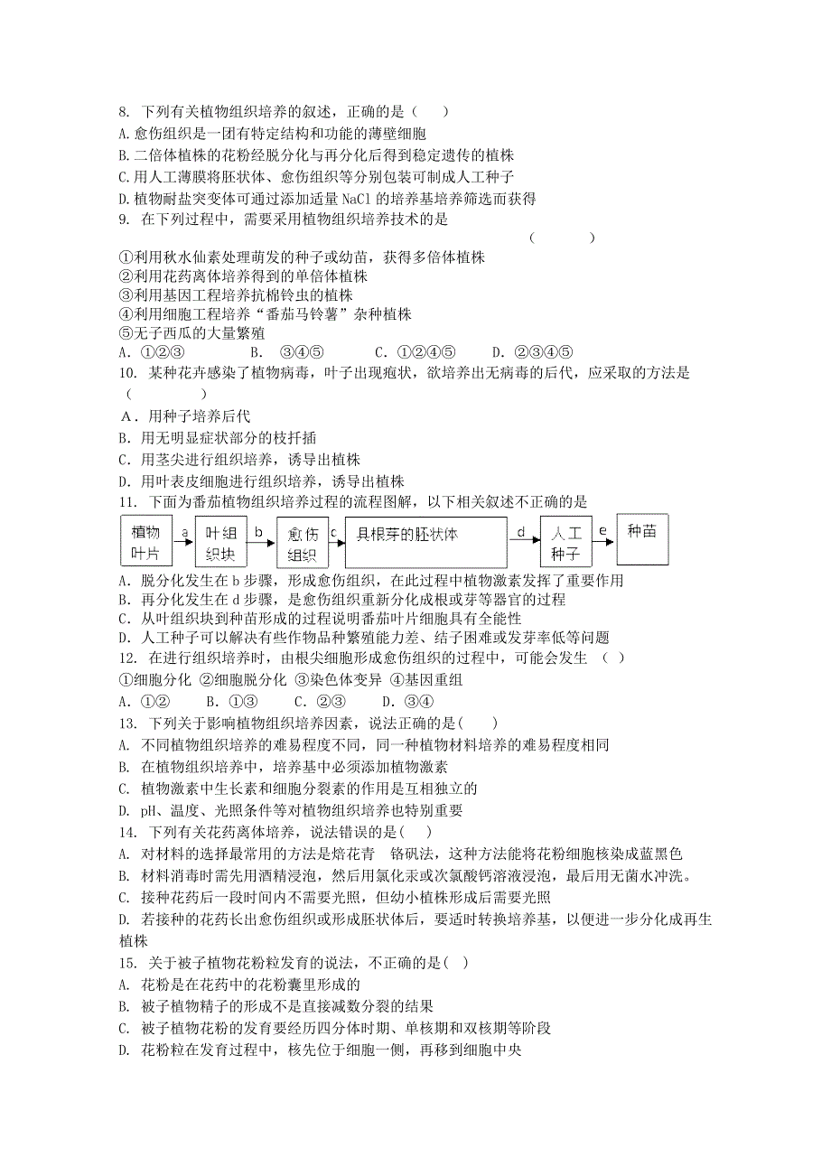 云南省新人教版生物2012届高三单元测试：22《植物组织培养技术》.doc_第2页