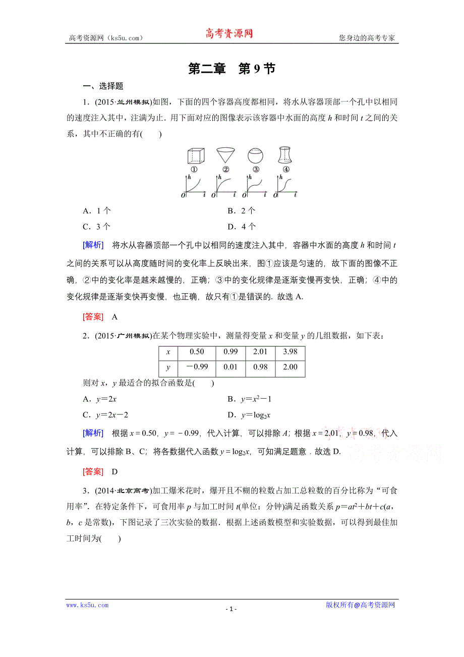 《创新大课堂》2016高考数学（新课标人教版）一轮总复习练习：第2章 函数.导数及其应用 第9节 函数模型及应用.doc_第1页