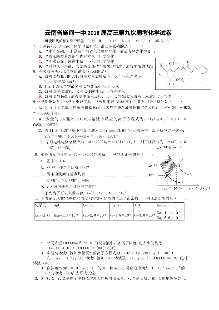 云南省施甸一中2018届高三化学第九次周考 WORD版含答案.doc_第1页