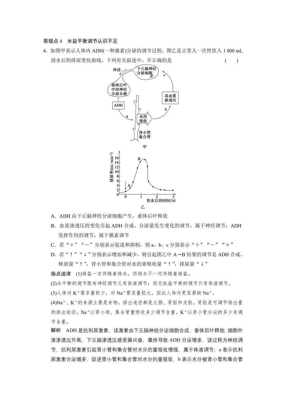 《典型易错易混点集训》（通用）2014届生物题型题目总结：稳态与环境易错点4　水盐平衡调节认识不足.doc_第1页