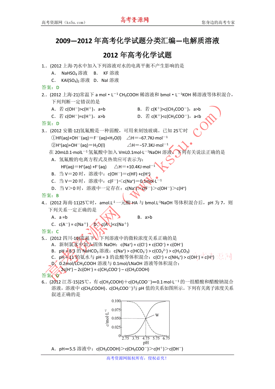 2009-2012年高考化学试题分类汇编：电解质溶液.doc_第1页